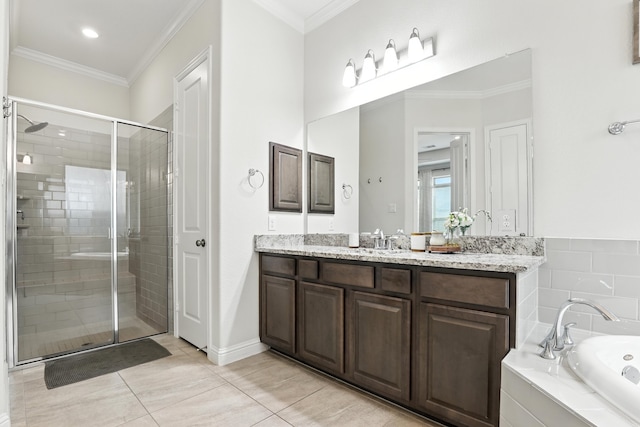 15415 Wildpoint Dr, Cypress, TX 77429 - bathroom with a stall shower, vanity, a whirlpool tub, ornamental molding, and tile patterned floors