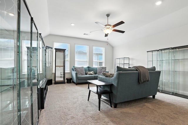 15415 Wildpoint Dr, Cypress, TX 77429 - living room with carpet flooring, lofted ceiling, a ceiling fan, and recessed lighting