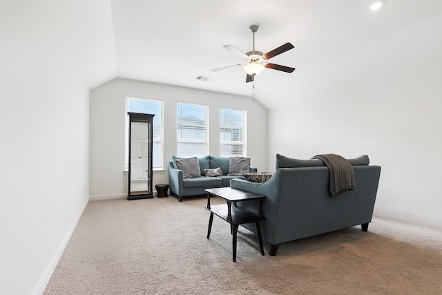15415 Wildpoint Dr, Cypress, TX 77429 - living room featuring ceiling fan, light colored carpet, and lofted ceiling