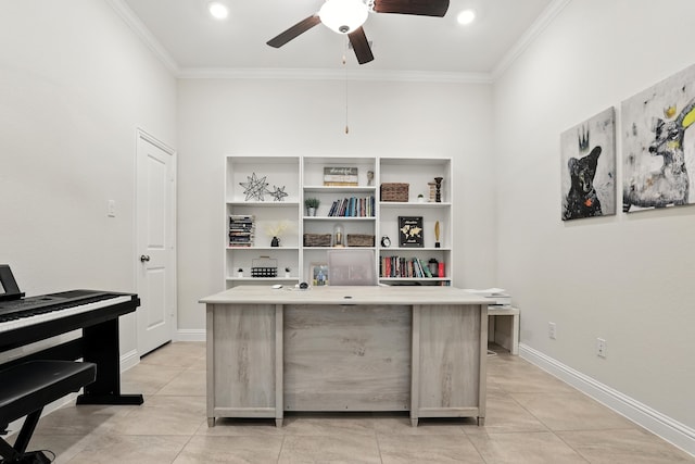 15415 Wildpoint Dr, Cypress, TX 77429 - office area with ornamental molding, ceiling fan, and light tile patterned floors