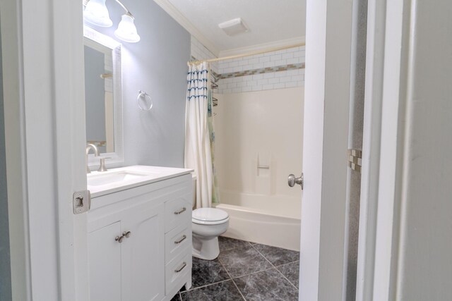 4218 E Terrace Creek Cir, Houston, TX 77014 - full bathroom featuring vanity, shower / tub combo with curtain, ornamental molding, and tile patterned floors