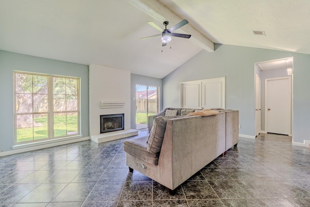 4218 E Terrace Creek Cir, Houston, TX 77014 - living room featuring plenty of natural light, ceiling fan, a fireplace, and attic access