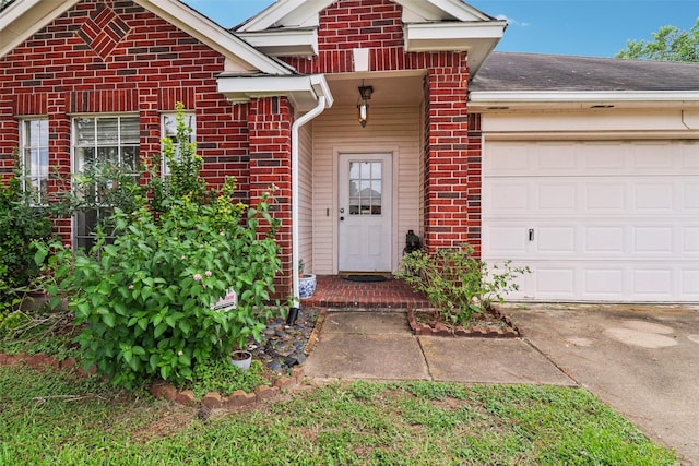 17006 Dusty Mill Dr E, Sugar Land, TX 77498 - doorway to property featuring brick siding, a garage, concrete driveway, and a shingled roof