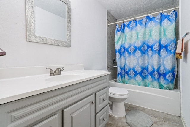 17006 Dusty Mill Dr E, Sugar Land, TX 77498 - bathroom featuring vanity, shower / bath combination with curtain, and a textured ceiling