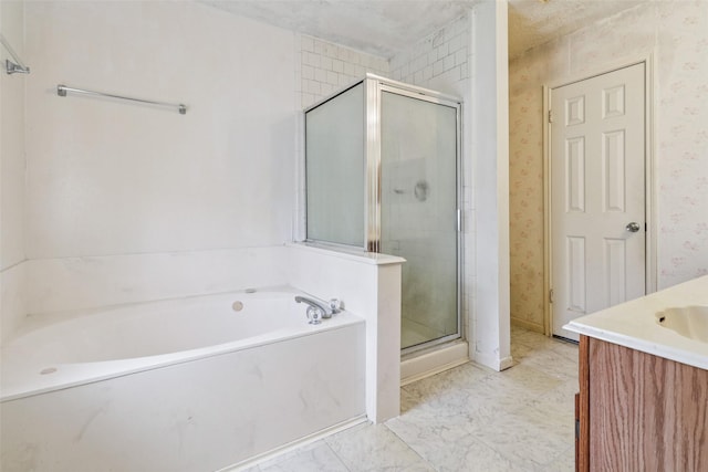 17006 Dusty Mill Dr E, Sugar Land, TX 77498 - bathroom featuring a shower stall, a garden tub, vanity, and marble look tile flooring