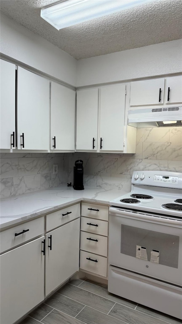 12922 Wirevine Ln, Houston, TX 77072 - kitchen with white electric stove, under cabinet range hood, white cabinets, and decorative backsplash