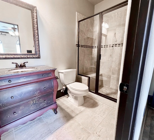 1241 W 24th St Unit C, Houston, TX 77008 - full bathroom featuring vanity, a stall shower, a ceiling fan, and tile patterned flooring