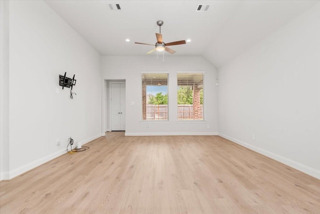 12831 Raemoir Dr, Humble, TX 77346 - unfurnished room with a ceiling fan, light wood-style flooring, lofted ceiling, and recessed lighting
