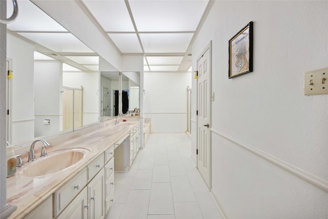 2701 11th St N, Texas City, TX 77590 - full bathroom with double vanity, a shower with door, and tile patterned floors
