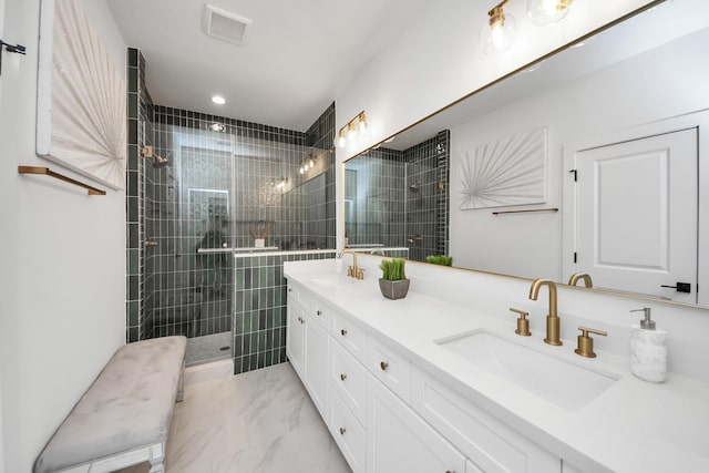 4415 Coke St Unit B, Houston, TX 77020 - full bath with double vanity, a tile shower, recessed lighting, and marble finish floors