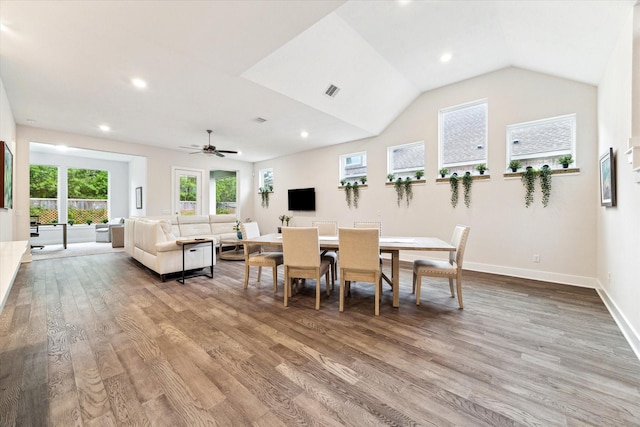 16630 Polletts Cove Ct, Humble, TX 77346 - dining space featuring wood finished floors, a ceiling fan, recessed lighting, and vaulted ceiling