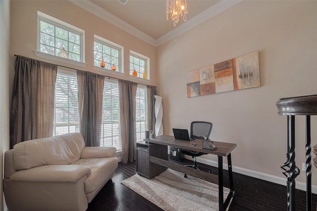 16011 Maple Shores Dr, Houston, TX 77044 - office featuring crown molding, a chandelier, dark wood-type flooring, and a towering ceiling