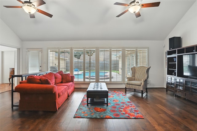 2618 Fontana Dr, Houston, TX 77043 - living room featuring a ceiling fan, plenty of natural light, high vaulted ceiling, and wood-type flooring