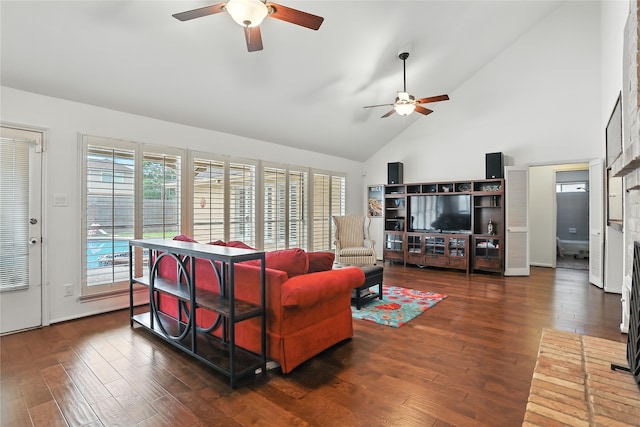 2618 Fontana Dr, Houston, TX 77043 - living room with a ceiling fan, high vaulted ceiling, and wood finished floors
