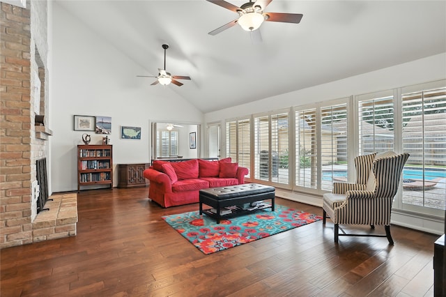 2618 Fontana Dr, Houston, TX 77043 - living room with ceiling fan, a fireplace, high vaulted ceiling, and wood finished floors