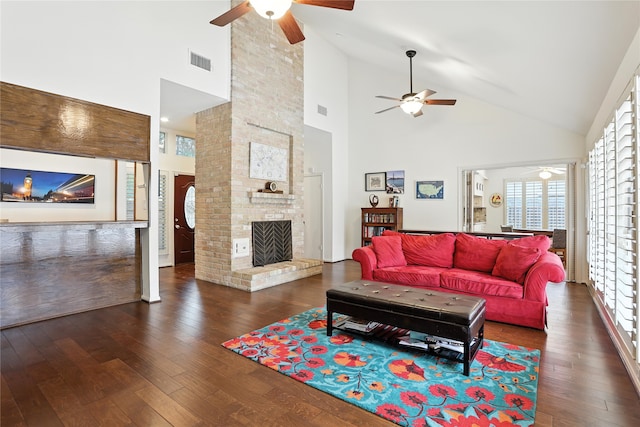 2618 Fontana Dr, Houston, TX 77043 - living room with ceiling fan, high vaulted ceiling, hardwood / wood-style flooring, and a fireplace
