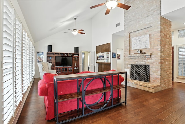 2618 Fontana Dr, Houston, TX 77043 - living room with ceiling fan, high vaulted ceiling, wood-type flooring, and a brick fireplace