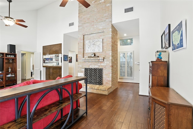 2618 Fontana Dr, Houston, TX 77043 - bedroom featuring high vaulted ceiling, dark wood finished floors, and a fireplace