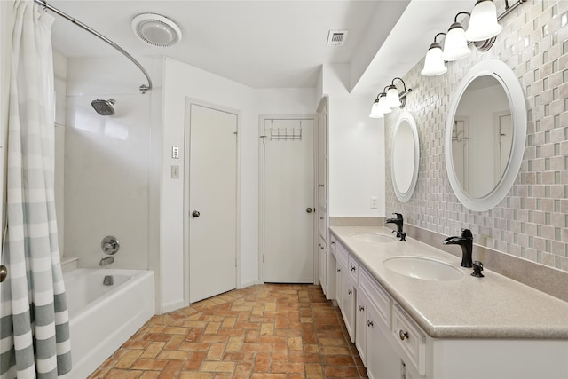 2618 Fontana Dr, Houston, TX 77043 - full bathroom with brick floors, shower / tub combo, double vanity, and decorative backsplash