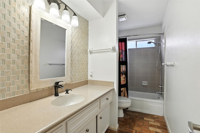 2618 Fontana Dr, Houston, TX 77043 - full bath with vanity, shower / bath combination with curtain, and brick floors