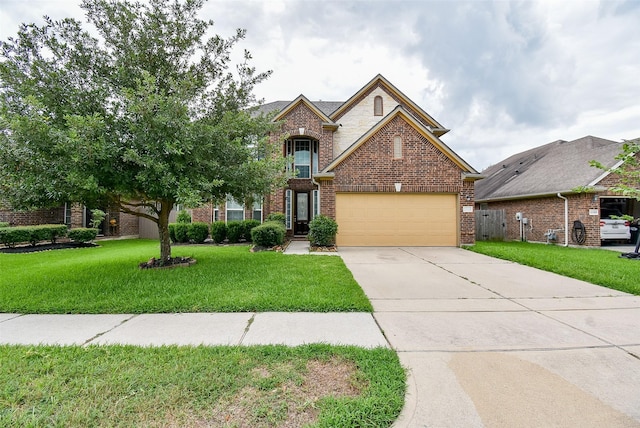 20315 Cypress Poll Dr, Cypress, TX 77433 - traditional home with brick siding, a front lawn, an attached garage, and concrete driveway