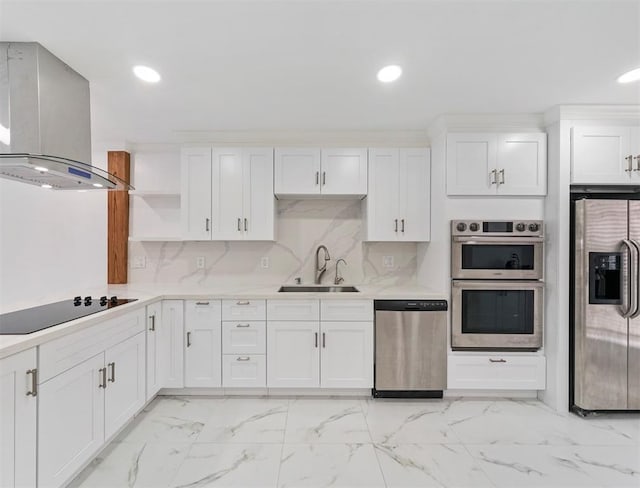 1691 W Sam Houston Pkwy S, Houston, TX 77042 - kitchen featuring appliances with stainless steel finishes, wall chimney exhaust hood, open shelves, recessed lighting, and white cabinetry