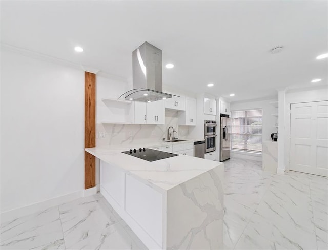 1691 W Sam Houston Pkwy S, Houston, TX 77042 - kitchen featuring open shelves, island range hood, stainless steel appliances, recessed lighting, and white cabinets