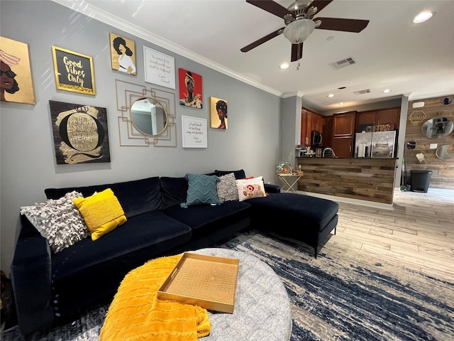 3001 Murworth Dr Unit 1603, Houston, TX 77025 - living room with light wood-style floors, ornamental molding, ceiling fan, and recessed lighting