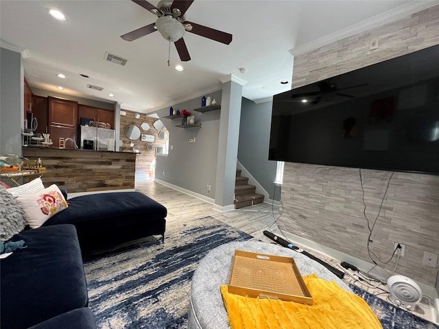 3001 Murworth Dr Unit 1603, Houston, TX 77025 - living room featuring a ceiling fan, ornamental molding, recessed lighting, light wood finished floors, and stairway