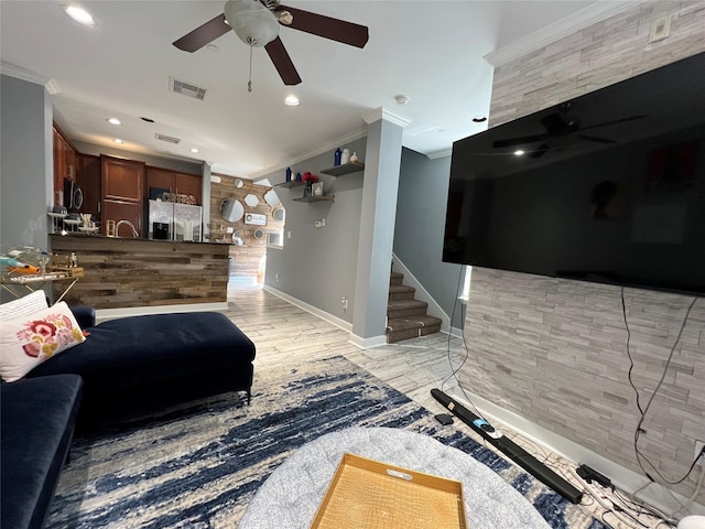3001 Murworth Dr Unit 1603, Houston, TX 77025 - living area with a ceiling fan, ornamental molding, stairs, light wood-style flooring, and recessed lighting