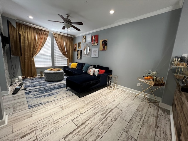3001 Murworth Dr Unit 1603, Houston, TX 77025 - living room with wood finished floors, a ceiling fan, ornamental molding, and recessed lighting