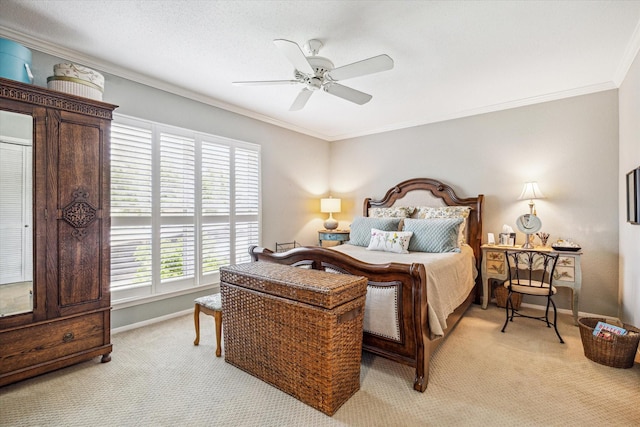 2238 S Piney Point Rd Unit 204, Houston, TX 77063 - bedroom featuring light colored carpet, ornamental molding, and ceiling fan