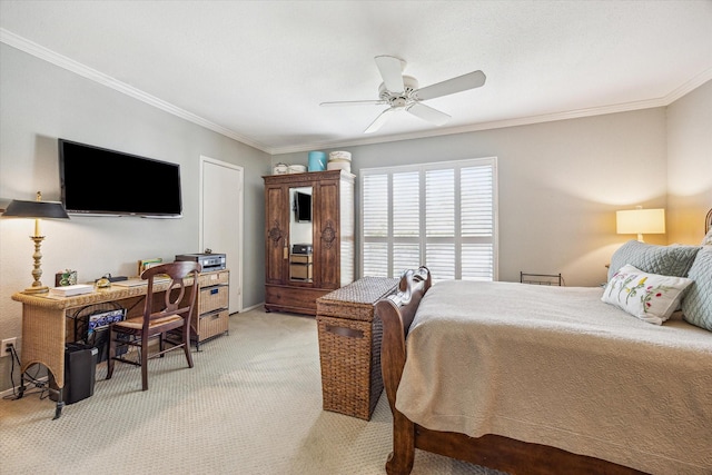 2238 S Piney Point Rd Unit 204, Houston, TX 77063 - bedroom featuring ornamental molding, light colored carpet, a desk, and a ceiling fan