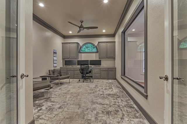 134 Trinity Oaks Ct, The Woodlands, TX 77381 - office space with ornamental molding, french doors, a ceiling fan, recessed lighting, and built in study area