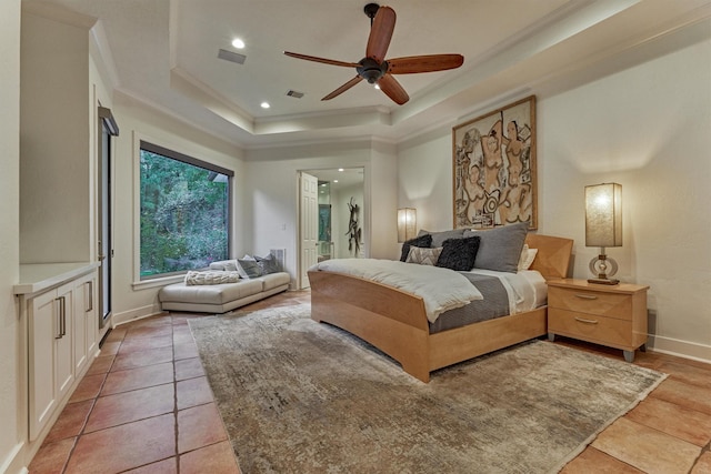 134 Trinity Oaks Ct, The Woodlands, TX 77381 - bedroom with a raised ceiling, light tile patterned floors, ornamental molding, recessed lighting, and ensuite bathroom