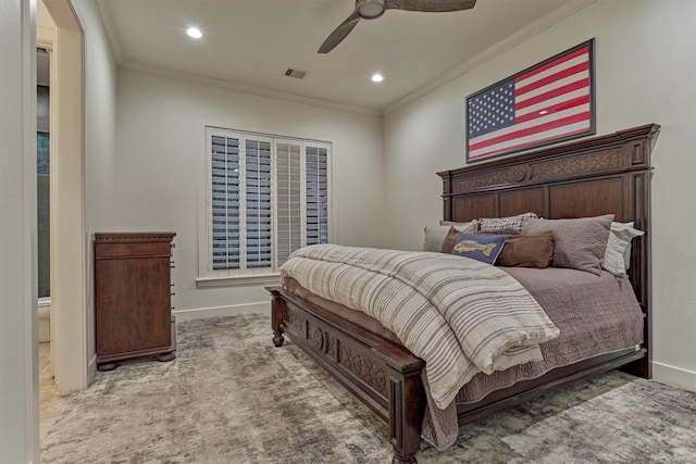 134 Trinity Oaks Ct, The Woodlands, TX 77381 - bedroom with crown molding, carpet floors, recessed lighting, and ceiling fan
