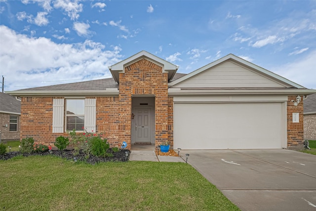 22618 Cremona Village Trl, Katy, TX 77449 - ranch-style house with brick siding, concrete driveway, a front lawn, a garage, and a shingled roof