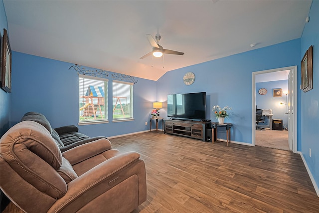 22618 Cremona Village Trl, Katy, TX 77449 - living area with ceiling fan, wood finished floors, and lofted ceiling