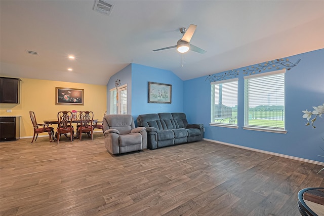 22618 Cremona Village Trl, Katy, TX 77449 - living room with vaulted ceiling, healthy amount of natural light, light wood-type flooring, and ceiling fan