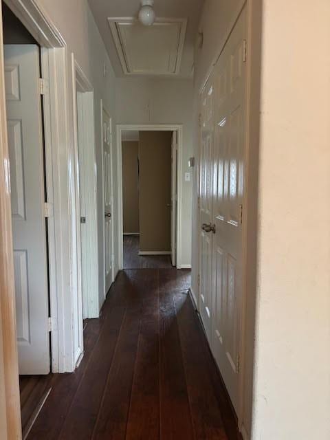 7126 Grants Hollow Ln, Richmond, TX 77407 - hallway with attic access and hardwood / wood-style floors