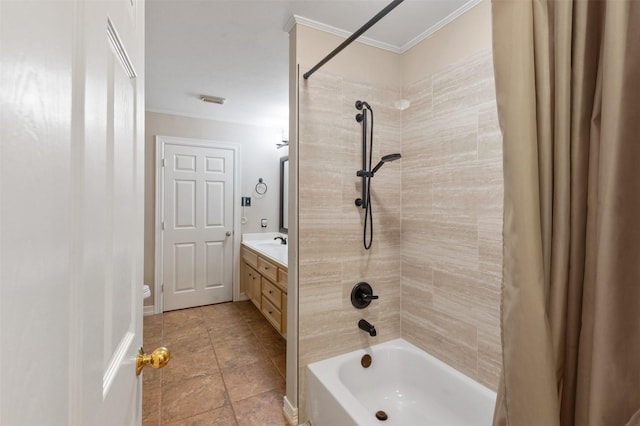 11603 Orchard Mountain Dr, Houston, TX 77059 - bathroom featuring vanity, shower / bath combination with curtain, ornamental molding, and tile patterned floors