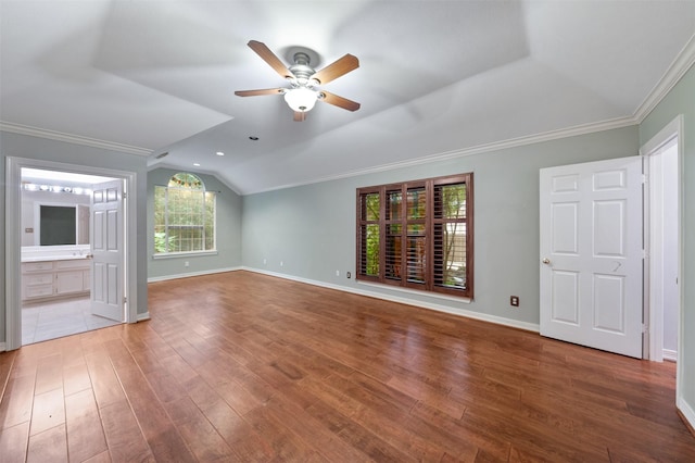 11603 Orchard Mountain Dr, Houston, TX 77059 - unfurnished living room featuring vaulted ceiling, a ceiling fan, wood finished floors, and crown molding