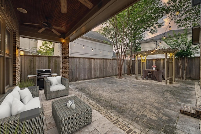 4132 Coleridge St, West University Place, TX 77005 - fenced backyard with a ceiling fan, a patio area, outdoor lounge area, and a grill