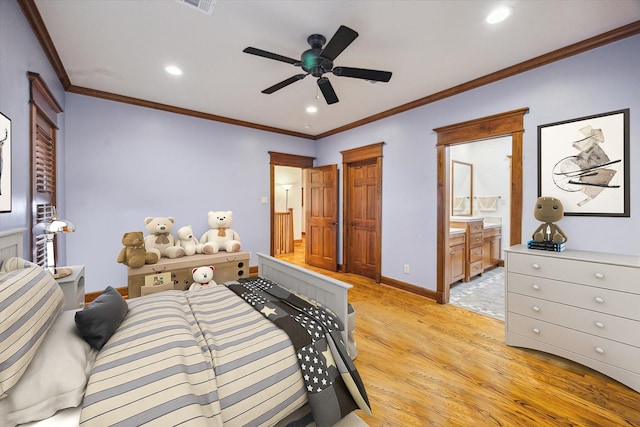 4132 Coleridge St, West University Place, TX 77005 - bedroom with light wood-type flooring, crown molding, recessed lighting, and ensuite bath
