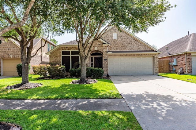 3211 Rock Brook Falls Ln, League City, TX 77573 - traditional home with brick siding, an attached garage, a front yard, and driveway