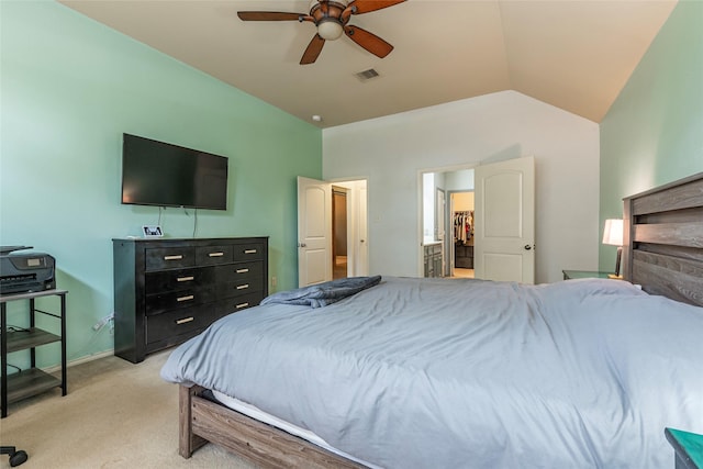 3211 Rock Brook Falls Ln, League City, TX 77573 - bedroom with light carpet, vaulted ceiling, and ceiling fan