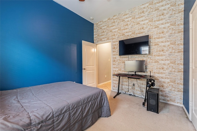 3211 Rock Brook Falls Ln, League City, TX 77573 - bedroom featuring carpet flooring, vaulted ceiling, and ceiling fan