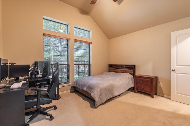 3211 Rock Brook Falls Ln, League City, TX 77573 - bedroom with carpet, lofted ceiling, an office area, and a ceiling fan