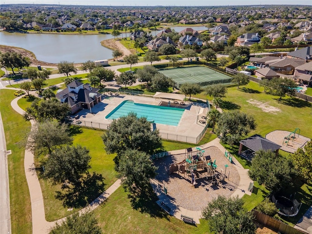 3211 Rock Brook Falls Ln, League City, TX 77573 - aerial perspective of suburban area with a nearby body of water and a pool