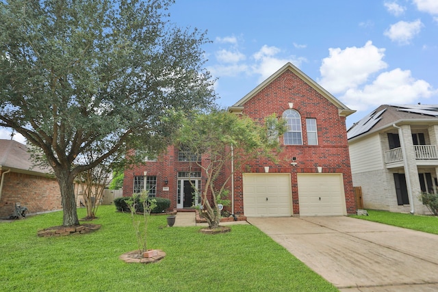 20907 Divellec Ln, Spring, TX 77388 - traditional-style home featuring brick siding, concrete driveway, a front yard, and an attached garage